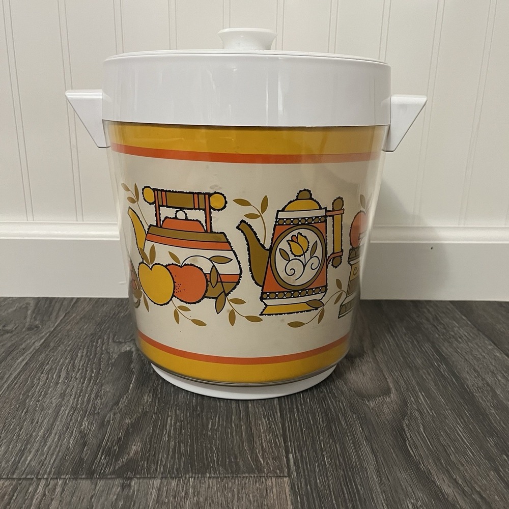 Vintage 1970 Daybreak Pattern Thermo-Serv Ice Bucket Orange White Teapots Fruit